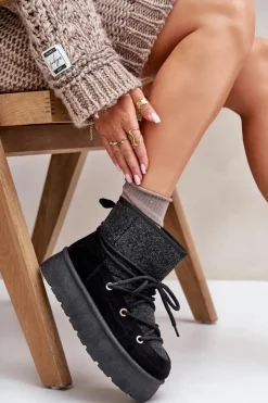 Damskie Boto Śniegowce Z Wiązaniem Na Platformie Czarne Mavora