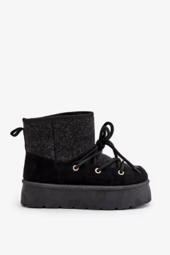 Damskie Boto Śniegowce Z Wiązaniem Na Platformie Czarne Mavora