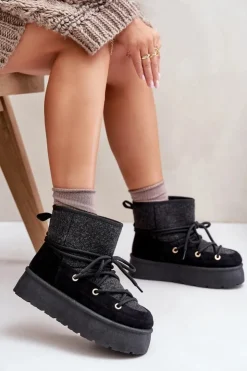 Damskie Boto Śniegowce Z Wiązaniem Na Platformie Czarne Mavora