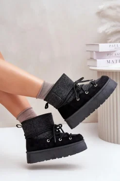 Damskie Boto Śniegowce Z Wiązaniem Na Platformie Czarne Mavora