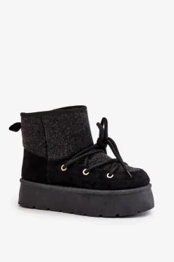 Damskie Boto Śniegowce Z Wiązaniem Na Platformie Czarne Mavora