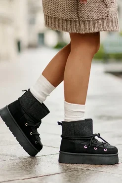 Damskie Boto Śniegowce Z Wiązaniem Na Platformie Czarne Mavora