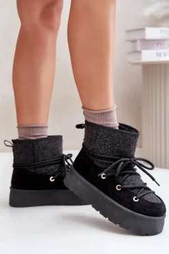 Damskie Boto Śniegowce Z Wiązaniem Na Platformie Czarne Mavora