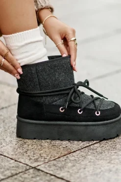 Damskie Boto Śniegowce Z Wiązaniem Na Platformie Czarne Mavora