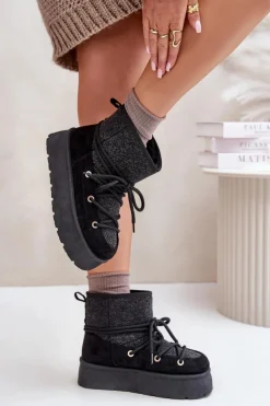 Damskie Boto Śniegowce Z Wiązaniem Na Platformie Czarne Mavora