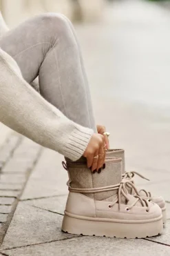 Boto Śniegowce Damskie*Śniegowce Z Wiązaniem Na Platformie Beżowe Mavora Beżowy