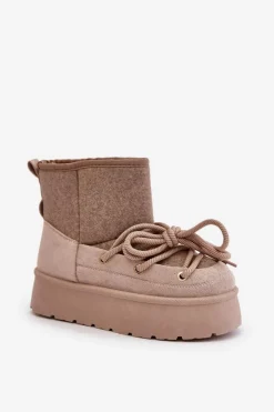 Boto Śniegowce Damskie*Śniegowce Z Wiązaniem Na Platformie Beżowe Mavora Beżowy