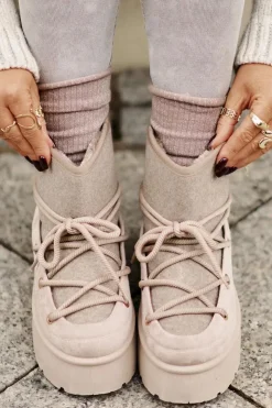 Boto Śniegowce Damskie*Śniegowce Z Wiązaniem Na Platformie Beżowe Mavora Beżowy