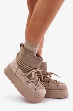 Boto Śniegowce Damskie*Śniegowce Z Wiązaniem Na Platformie Beżowe Mavora Beżowy