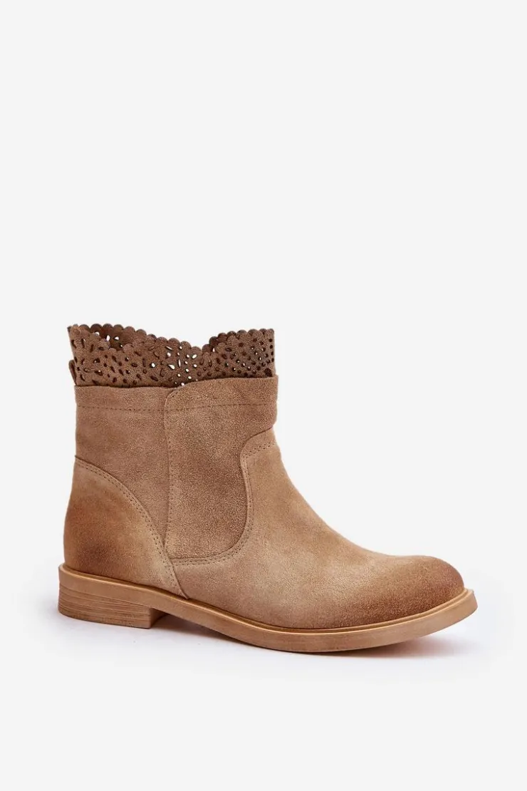 Boto Botki Ażurowe|Brązowe I Beżowe Botki*Niskie Botki Damskie Na Płaskim Obcasie Zamszowe Lewski 3624 Beżowe Beżowy