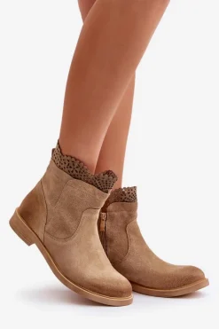 Boto Botki Ażurowe|Brązowe I Beżowe Botki*Niskie Botki Damskie Na Płaskim Obcasie Zamszowe Lewski 3624 Beżowe Beżowy