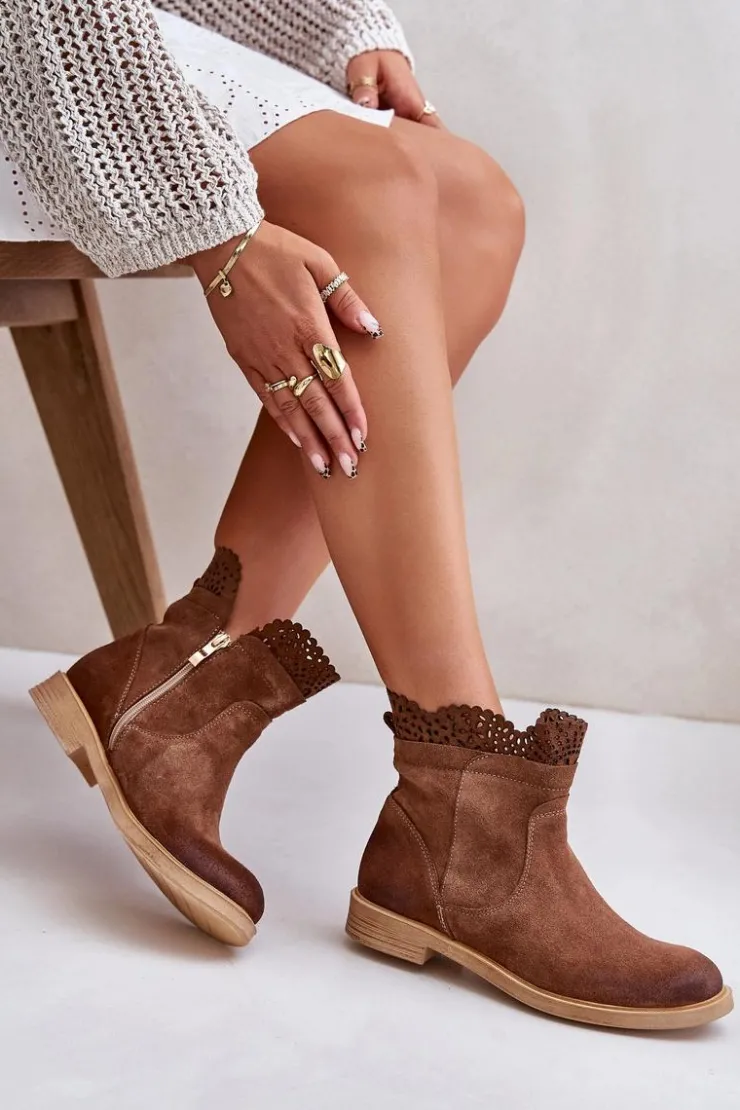 Boto Botki Ażurowe|Brązowe I Beżowe Botki*Niskie Botki Damskie Na Płaskim Obcasie Zamszowe Lewski 3624 Brązowe Brązowy