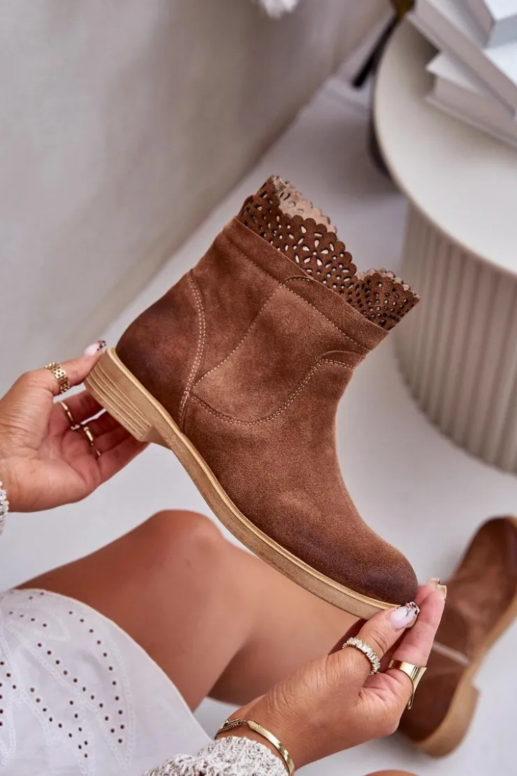 Boto Botki Ażurowe|Brązowe I Beżowe Botki*Niskie Botki Damskie Na Płaskim Obcasie Zamszowe Lewski 3624 Brązowe Brązowy