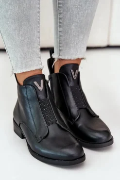 Discount Damskie buty S.Barski Niskie Botki Damskie Na Płaskim Obcasie Ocieplane Czarne S.Barski HY42-119 Czarne