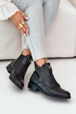 Discount Damskie buty S.Barski Niskie Botki Damskie Na Płaskim Obcasie Ocieplane Czarne S.Barski HY42-119 Czarne