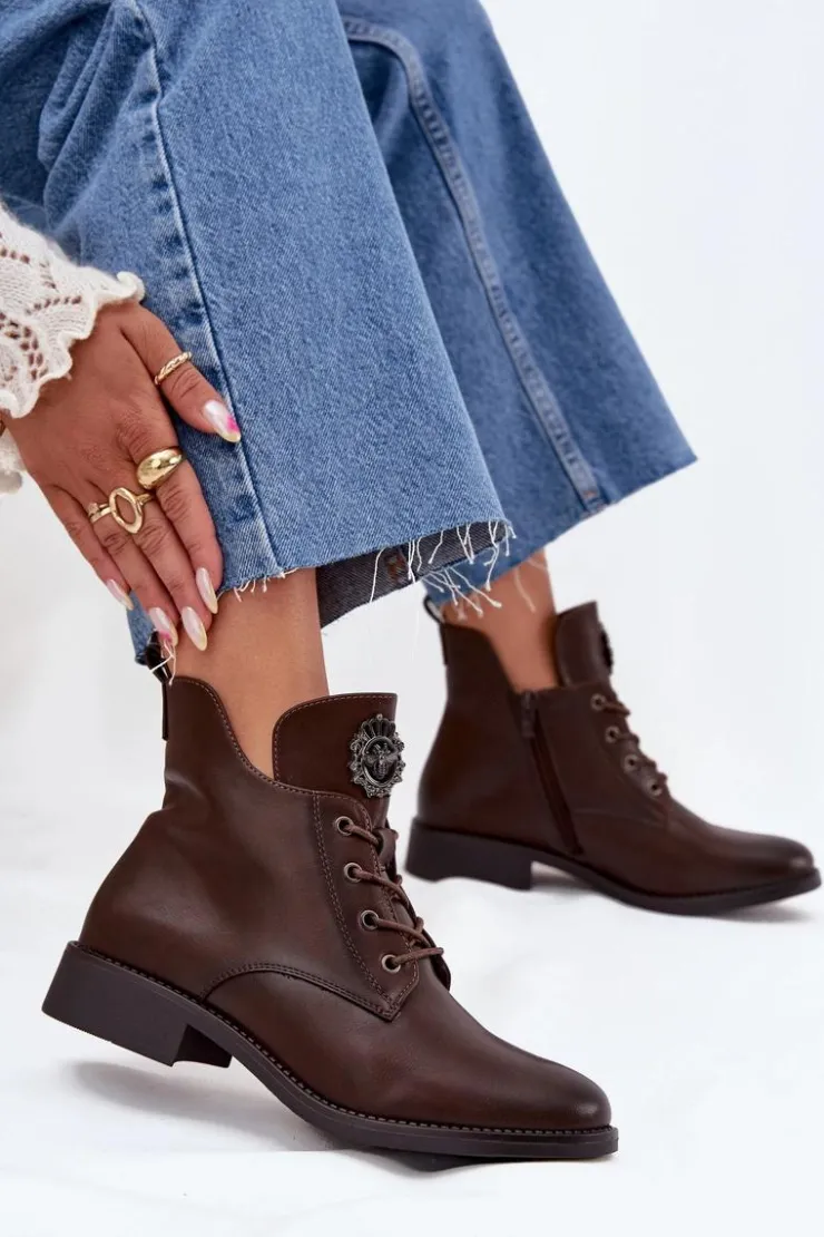Boto Botki Ocieplane|Botki Sznurowane*Niskie Botki Damskie Na Płaskim Obcasie Z Ozdobnym Detalem Ocieplane Brązowe Cylira