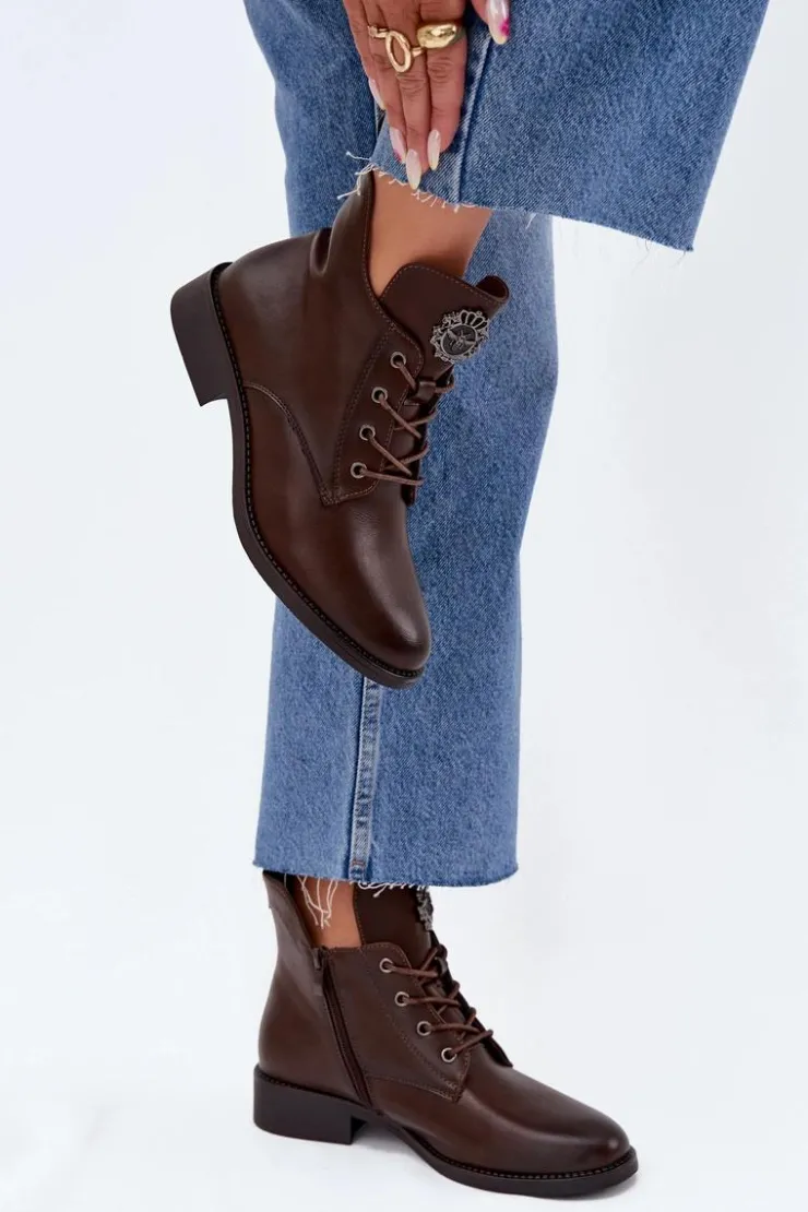 Boto Botki Ocieplane|Botki Sznurowane*Niskie Botki Damskie Na Płaskim Obcasie Z Ozdobnym Detalem Ocieplane Brązowe Cylira