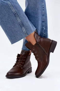 Boto Botki Ocieplane|Botki Sznurowane*Niskie Botki Damskie Na Płaskim Obcasie Z Ozdobnym Detalem Ocieplane Brązowe Cylira