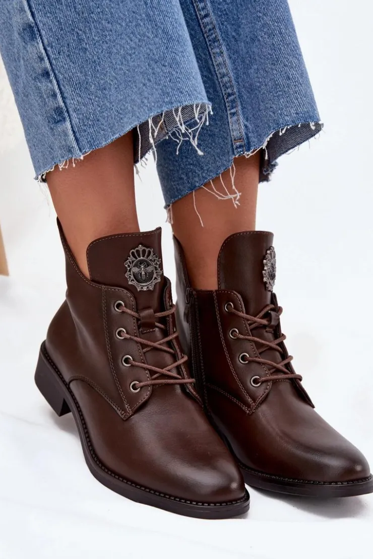 Boto Botki Ocieplane|Botki Sznurowane*Niskie Botki Damskie Na Płaskim Obcasie Z Ozdobnym Detalem Ocieplane Brązowe Cylira