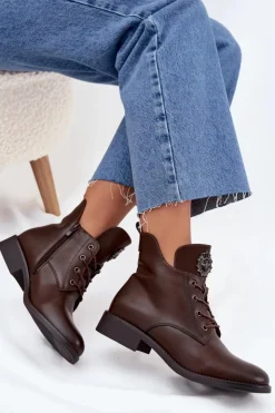 Boto Botki Ocieplane|Botki Sznurowane*Niskie Botki Damskie Na Płaskim Obcasie Z Ozdobnym Detalem Ocieplane Brązowe Cylira