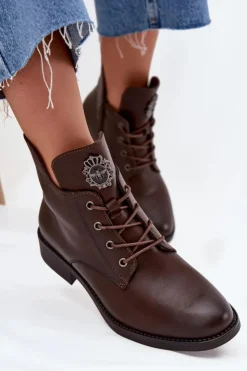 Boto Botki Ocieplane|Botki Sznurowane*Niskie Botki Damskie Na Płaskim Obcasie Z Ozdobnym Detalem Ocieplane Brązowe Cylira