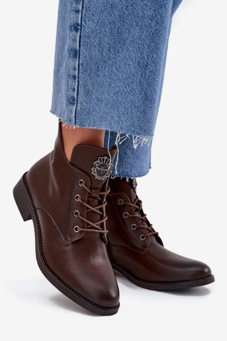 Boto Botki Ocieplane|Botki Sznurowane*Niskie Botki Damskie Na Płaskim Obcasie Z Ozdobnym Detalem Ocieplane Brązowe Cylira