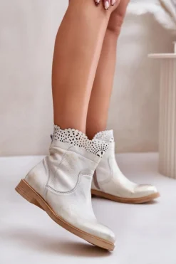 Hot Boto Niskie Botki Damskie Na Płaskim Obcasie Skórzane Lewski 3624 Złote Przecierane