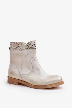 Hot Boto Niskie Botki Damskie Na Płaskim Obcasie Skórzane Lewski 3624 Złote Przecierane