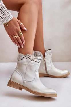 Hot Boto Niskie Botki Damskie Na Płaskim Obcasie Skórzane Lewski 3624 Złote Przecierane