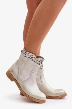 Hot Boto Niskie Botki Damskie Na Płaskim Obcasie Skórzane Lewski 3624 Złote Przecierane