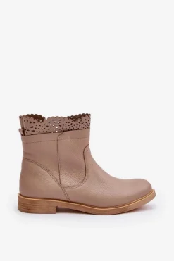 Damskie Boto Niskie Botki Damskie Na Płaskim Obcasie Skórzane Lewski 3624 Beżowe