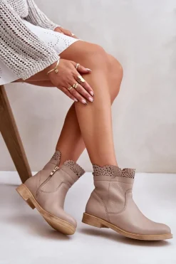 Damskie Boto Niskie Botki Damskie Na Płaskim Obcasie Skórzane Lewski 3624 Beżowe