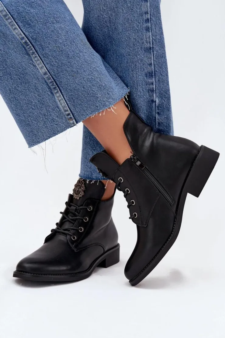 Discount Boto Niskie Botki Damskie Na Płaskim Obcasie Z Ozdobnym Detalem Ocieplane Czarne Cylira Czarny