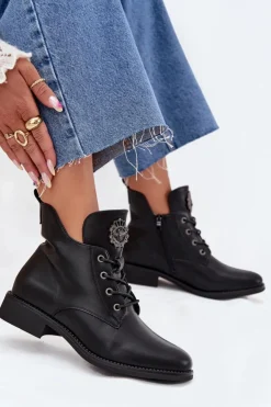 Discount Boto Niskie Botki Damskie Na Płaskim Obcasie Z Ozdobnym Detalem Ocieplane Czarne Cylira Czarny