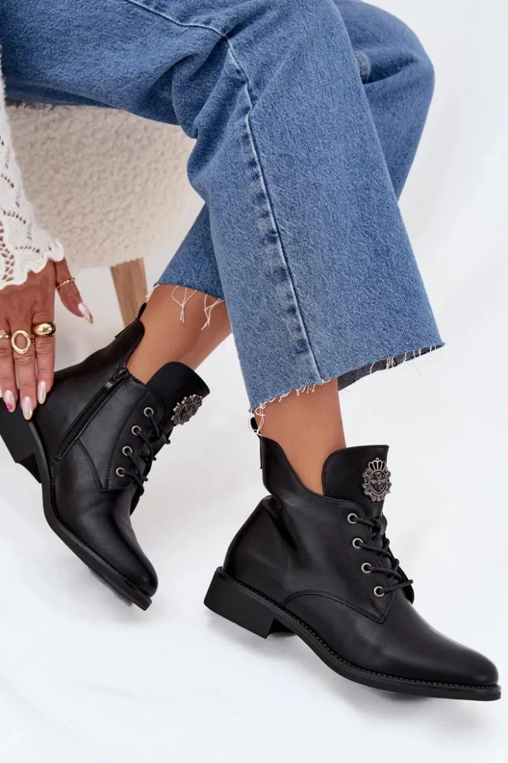 Discount Boto Niskie Botki Damskie Na Płaskim Obcasie Z Ozdobnym Detalem Ocieplane Czarne Cylira Czarny