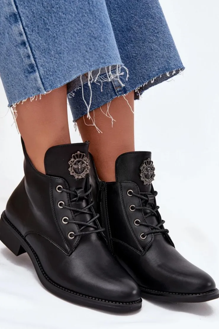 Discount Boto Niskie Botki Damskie Na Płaskim Obcasie Z Ozdobnym Detalem Ocieplane Czarne Cylira Czarny