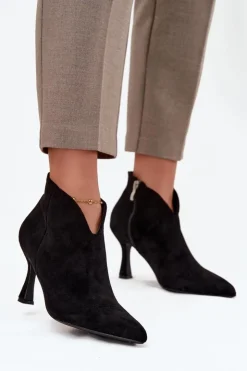 Damskie Boto Niskie Botki Damskie Na Szpilce Eko Zamszowe Czarne Jolivra