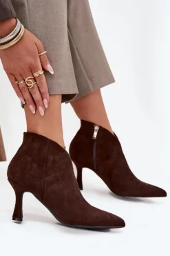 Discount Boto Niskie Botki Damskie Na Szpilce Eko Zamszowe Czekoladowe Jolivra