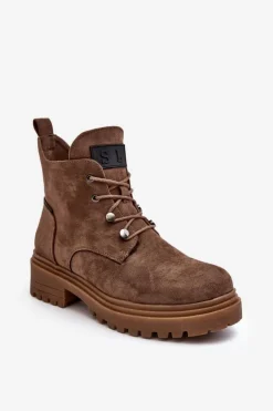 Buty Sergio Leone Botki Sznurowane|Botki Zimowe Damskie*Niskie Botki Damskie Ocieplane Na Suwak Ciemnobeżowe Cameronia