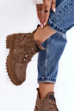 Buty Sergio Leone Botki Sznurowane|Botki Zimowe Damskie*Niskie Botki Damskie Ocieplane Na Suwak Ciemnobeżowe Cameronia