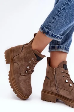 Buty Sergio Leone Botki Sznurowane|Botki Zimowe Damskie*Niskie Botki Damskie Ocieplane Na Suwak Ciemnobeżowe Cameronia