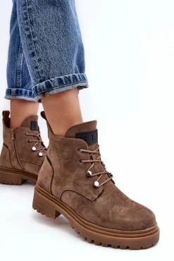Buty Sergio Leone Botki Sznurowane|Botki Zimowe Damskie*Niskie Botki Damskie Ocieplane Na Suwak Ciemnobeżowe Cameronia