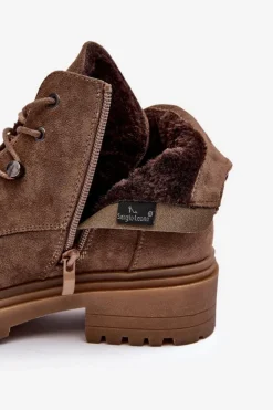 Buty Sergio Leone Botki Sznurowane|Botki Zimowe Damskie*Niskie Botki Damskie Ocieplane Na Suwak Ciemnobeżowe Cameronia