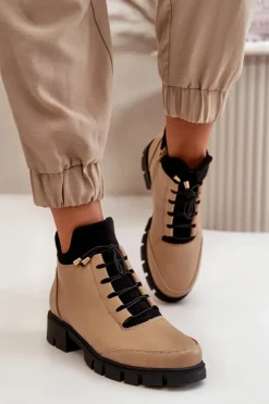 Sale Boto Niskie Botki Damskie Ocieplane Z Eko Skóry Beżowe Erisabelle Beżowy