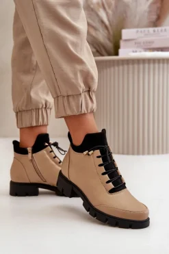 Sale Boto Niskie Botki Damskie Ocieplane Z Eko Skóry Beżowe Erisabelle Beżowy