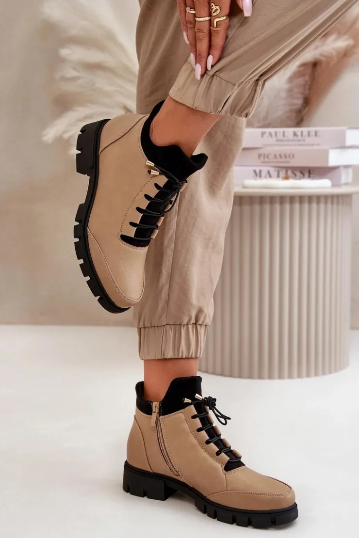 Sale Boto Niskie Botki Damskie Ocieplane Z Eko Skóry Beżowe Erisabelle Beżowy