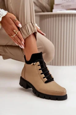 Sale Boto Niskie Botki Damskie Ocieplane Z Eko Skóry Beżowe Erisabelle Beżowy