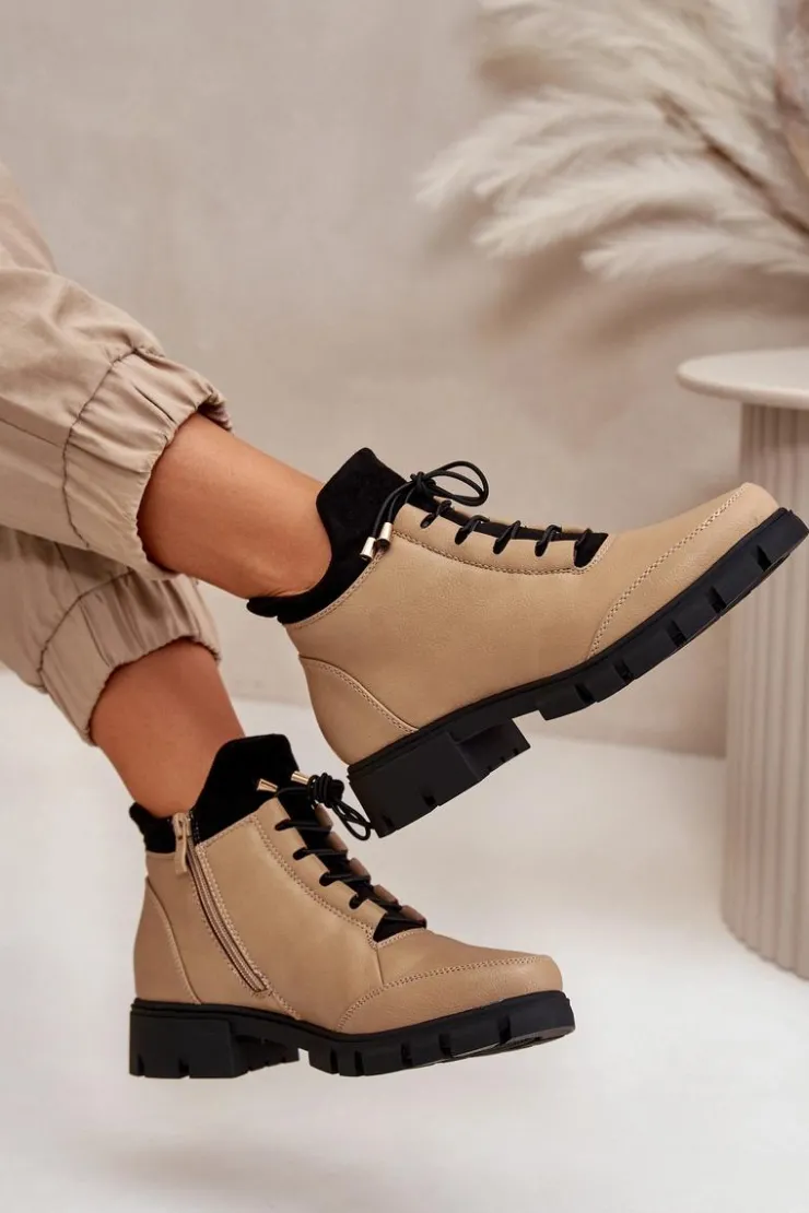 Sale Boto Niskie Botki Damskie Ocieplane Z Eko Skóry Beżowe Erisabelle Beżowy