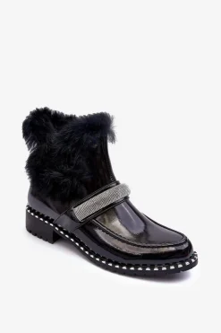 Damskie buty S.Barski Botki Ocieplane|Czarne Botki*Niskie Botki Lakierowane Z Futerkiem I Ozdobą S.Barski MR870-74 Czarne