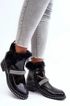 Damskie buty S.Barski Botki Ocieplane|Czarne Botki*Niskie Botki Lakierowane Z Futerkiem I Ozdobą S.Barski MR870-74 Czarne